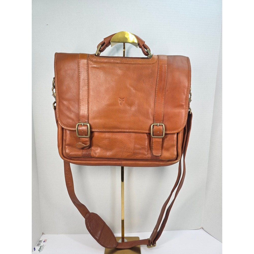 Frye Logan Messenger Bag Cognac Leather Laptop Satchel Crossbody Briefcase Brown